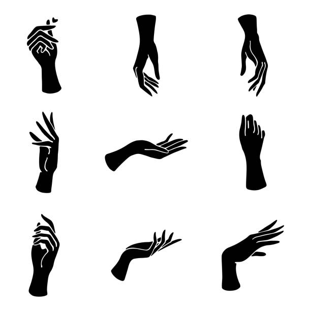 Set of elegant female hands in a minimal flat style. Collection of different hand gestures. Logos for cosmetics, jewelry, beauty products, spa, manicure. Hand drawn boho vector. tattoo silhouettes stock illustrations