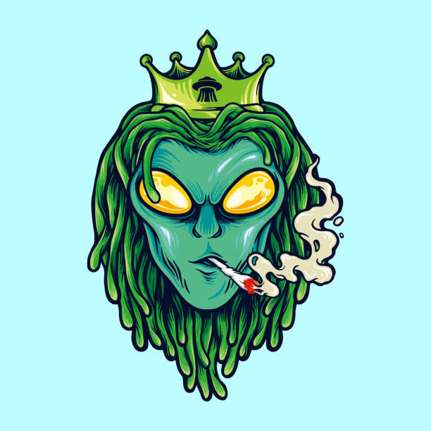 ilustrações de stock, clip art, desenhos animados e ícones de alien dreadlock king, weed smoke illustrations logo mascot merchandise - alien monster green futuristic