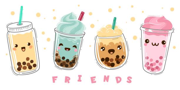 illustrazioni stock, clip art, cartoni animati e icone di tendenza di tè a bolle. tè al latte con tapioca, moderno dessert liquido perla taiwanese con palle, tazza di plastica per bevande di boba morbido con emozioni personaggi sorriso, set vettoriale di cartone animato tè verde e frutta - hot drink alcohol green glass