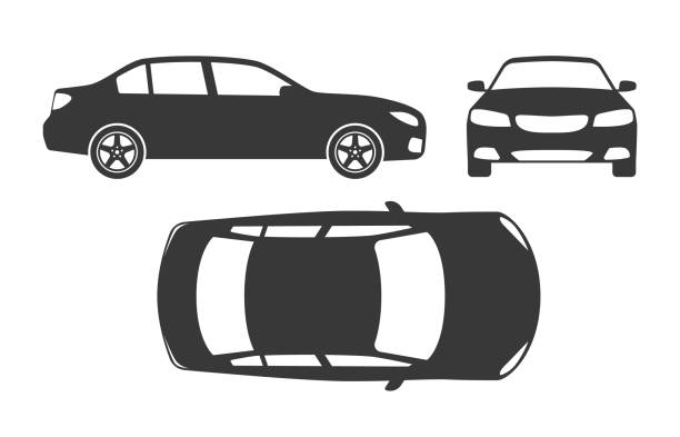 sylwetka samochodu. góra samochodu, widok z boku i z przodu. makieta projekcji pojazdu, zwykłe sedan auto dla rodziny, rasy lub różnych usług, wektorowe czarne ikony izolowany zestaw - road transportation hybrid vehicle environmental conservation stock illustrations