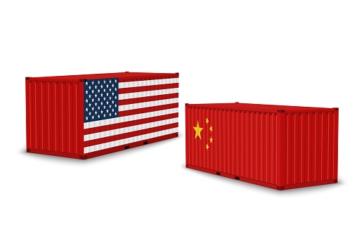 China usa trade war. Realistic cargo containers with country flags, shipping freight, international market, import and export economy embargo, trading partner conflict vector concept isolated on white