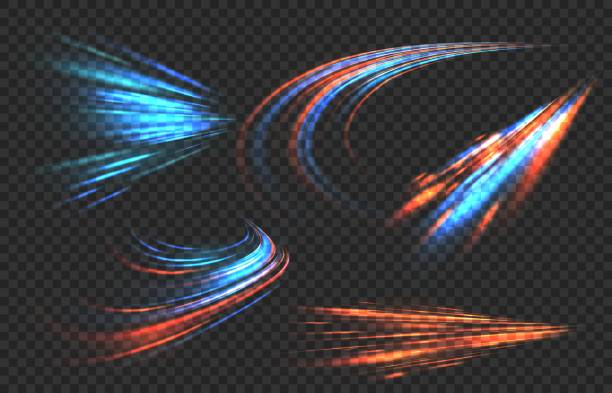 leichte bewegungswege. high-speed-effekt bewegung unscharf nachtlichter in blauen und roten farben, abstrakte flash-perspektive straße leuchten streifen lange zeit belichtung vektor auf transparentem hintergrund eingestellt - bildeffekt stock-grafiken, -clipart, -cartoons und -symbole