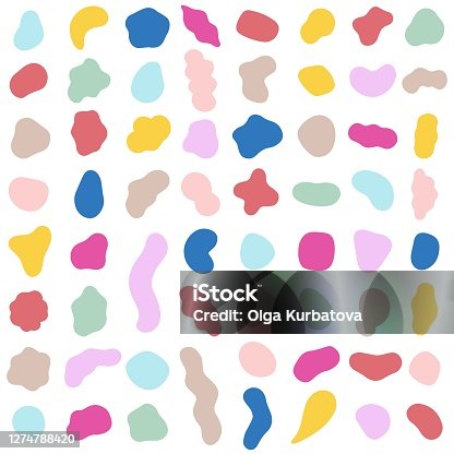 istock Organic shapes. Color various blotch, abstract irregular random blobs. Pebble stone silhouette, simple liquid amorphous splodge, colorful water forms, creative pastel pattern vector set 1274788420