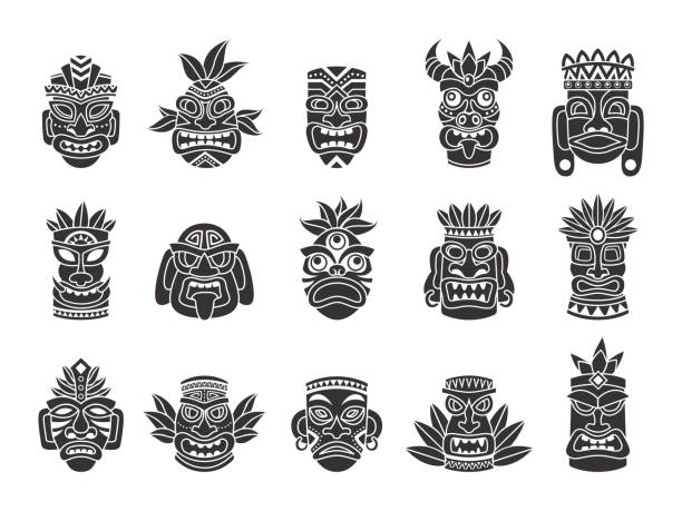 Idol mask. Black silhouette ritual totem tribal god tiki ancient indian or african culture, traditional mayan or aztec wooden symbol, polynesian tattoo pattern face masks vector set Idol mask. Black silhouette ritual totem tribal god tiki ancient indian or african culture, traditional exotic mayan or aztec wooden symbol, polynesian tattoo pattern face masks vector isolated set tiki mask stock illustrations