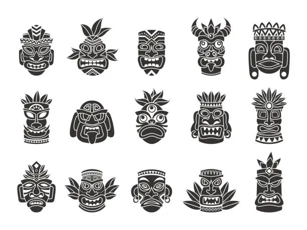 Vector illustration of Idol mask. Black silhouette ritual totem tribal god tiki ancient indian or african culture, traditional mayan or aztec wooden symbol, polynesian tattoo pattern face masks vector set