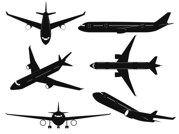 illustrations, cliparts, dessins animés et icônes de silhouettes d’avion. avions de passagers sous différents angles, tête d’avion volante, vue latérale et avant. transport international voyage aviation commerciale avions noirs ensemble de vecteurs - air vehicle business airplane multi colored