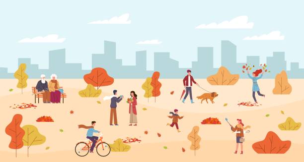 People in autumn park. Men and women walk in public park, rest on bench, characters with umbrella among yellow orange leaves, riding bicycle, walking with dog fall season vector background People in autumn park. Men and women walk in public park, rest on bench, child runs, characters with umbrella among yellow orange leaves, riding bicycle, walking with dog fall season vector background dog splashing stock illustrations