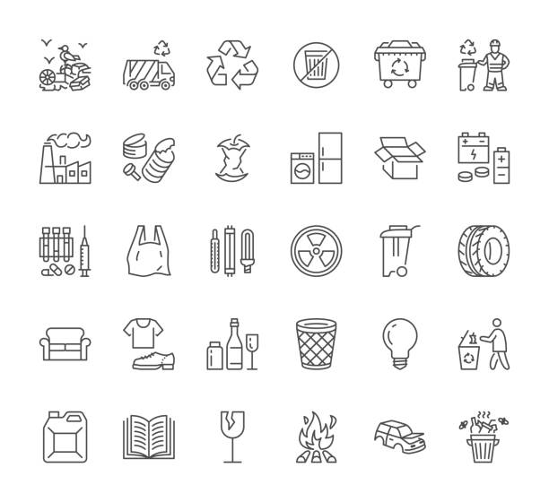 Waste recycle line icons set. Trash bin, bag, garbage types - food, plastic, battery, organic, paper, metal, vector illustrations. Outline flat signs for rubbish sorting management Waste recycle line icons set. Trash bin, bag, garbage types - food, plastic, battery, organic, paper, metal, vector illustrations. Outline flat signs for rubbish sorting management. garbage dump stock illustrations