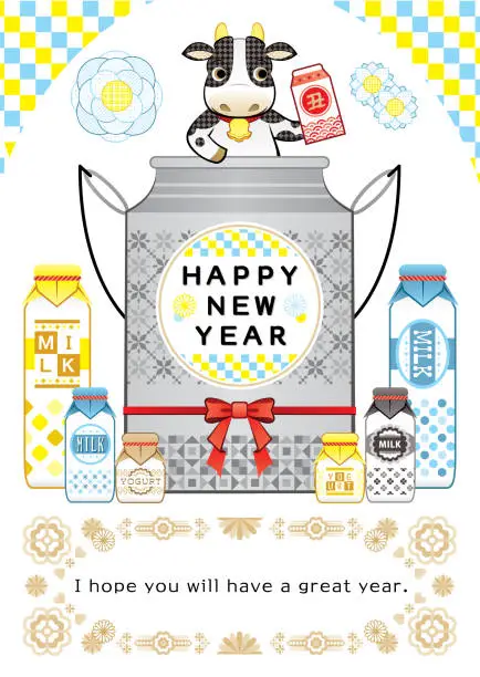 Vector illustration of year of the ox illustration new year's card greeting post card design cow and milk and yogurt happy new year