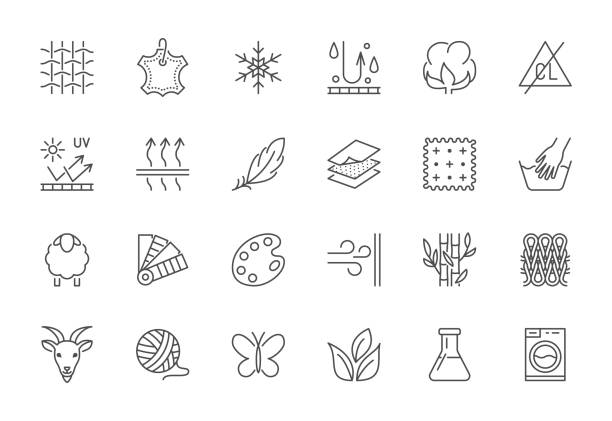Fabric feature flat line icons set. Clothes symbols silk, cotton, breathable, waterproof material, handwash cashmere, yarn vector illustrations. Outline signs for garment properties, textile industry Fabric feature flat line icons set. Clothes symbols silk, cotton, breathable, waterproof material, handwash cashmere, yarn vector illustrations. Outline signs for garment properties, textile industry. bamboo fabric stock illustrations