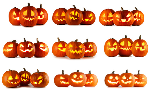 Group of Halloween Pumpkins in a row isolated on white background set design collection