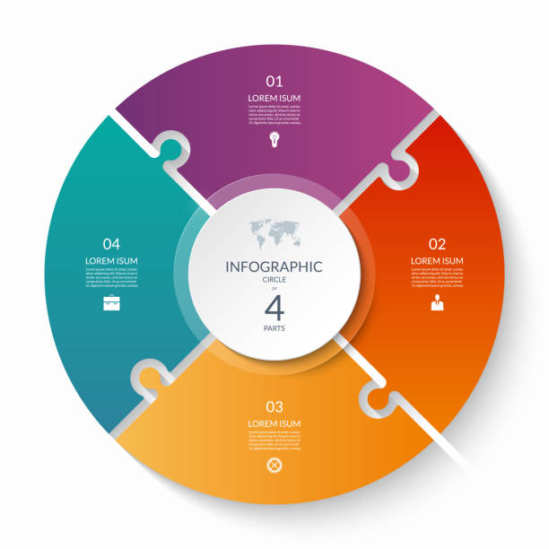 4 단계, 옵션, 조각 퍼즐 인포 그래픽 원. 4부주기 차트. - 달 착륙선 stock illustrations