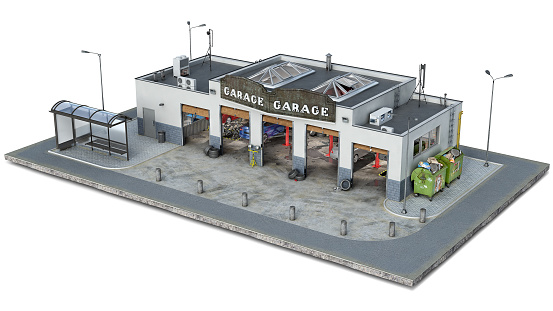 Auto repair building on a piece of ground, 3d illustration