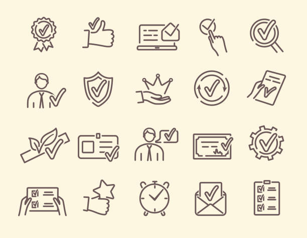 illustrations, cliparts, dessins animés et icônes de ensemble vectoriel d’icônes linéaires liés à l’approbation - conformity checklist business success