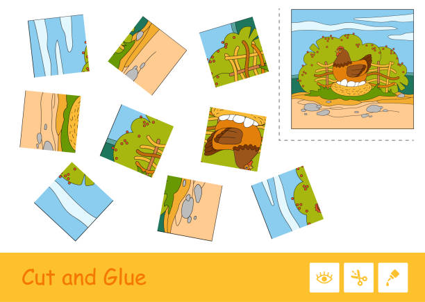 schneiden sie die stücke, sammeln und kleben puzzle lernen kinder spiel mit farbbild von brut huhn sitzt auf eiern in nestle auf bauernhof vogelhof mit garten hintergrund. haustiere für kinder buch. - nestle stock-grafiken, -clipart, -cartoons und -symbole