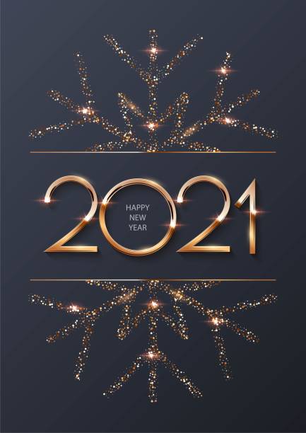 frohes neues jahr 2021 hintergrund mit goldrahmen und schneeflocke. glänzend mit funkelnden zahlen und rand-weihnachtskarte. gruß festliche vektor-illustration. frohe ferien moderne plakat-design - 2021 stock-grafiken, -clipart, -cartoons und -symbole