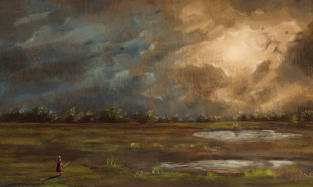Warrior, knight with sword standing in landscape with pond, trees and dramatic sunset sky. Fantasy digital hand background painting