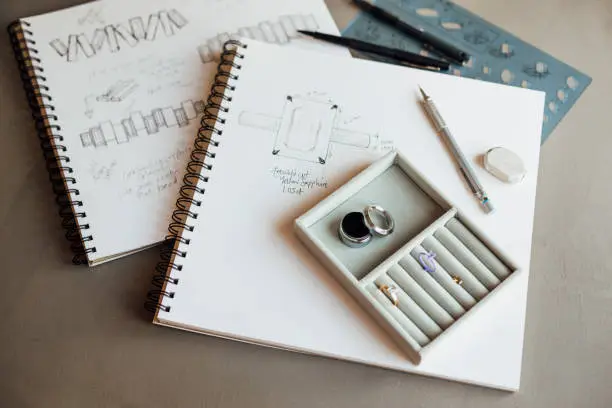 A close-up of a jewellers sketches and designs for a bespoke ring, a prototype is in a display box. / Female Focus Collection