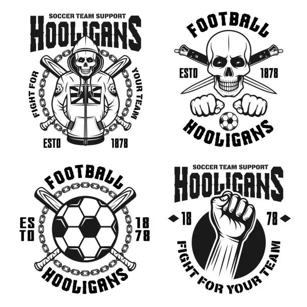 Vector illustration of Soccer hooligans set of four vector emblems, badges, labels or logos in vintage monochrome style isolated on white background