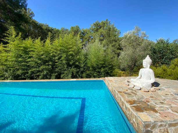 istock Cosy silent pool side with Buddha statue and grown trees. 1274830930