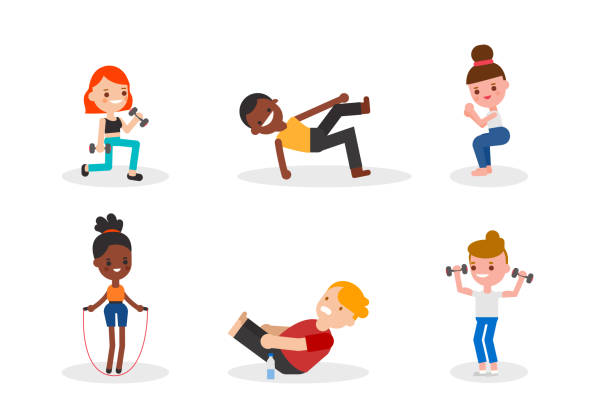 People Doing Body Weight Training Sit Up Squat Dumbbell Exercise Rope  Jumping Stock Illustration - Download Image Now - iStock