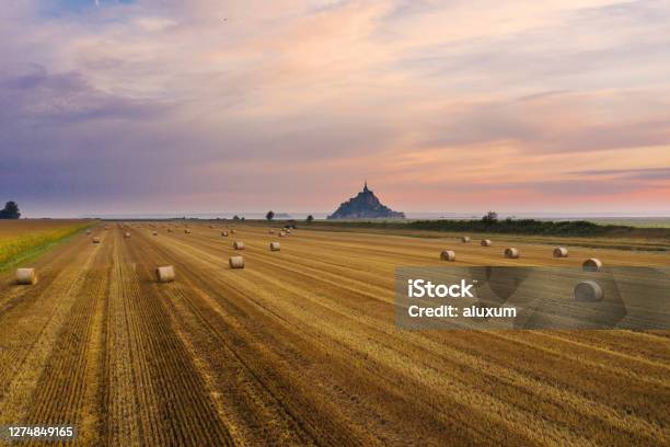 Mont Saint Michel At Sunset Normandy France Stock Photo - Download Image Now - Mont Saint-Michel, Urban Skyline, Agricultural Field