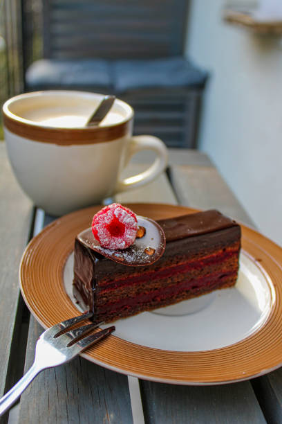 istock Sacher chocolate cake slice and a cup of cappuccino coffee. Chocolate and raspberry cake. 1274869262