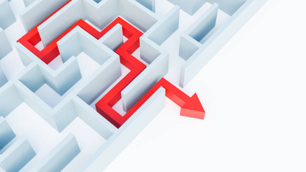 istock Maze or labyrinth with solution 3D rendering illustration with copy space. Red arrow showing the path to the exit. Solving a riddle, a problem, an issue concept. 1274879117
