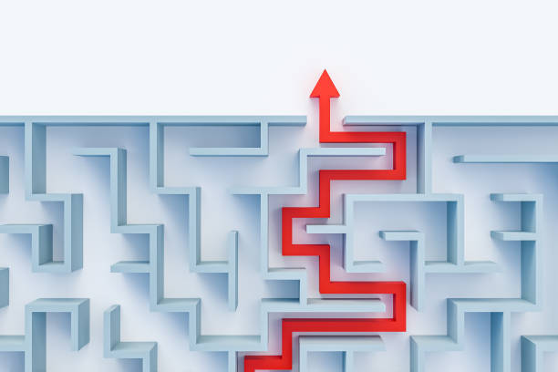 istock Maze or labyrinth with solution 3D rendering illustration top view with copy space. Red arrow showing the path to the exit. Solving a riddle, a problem, an issue concept. 1274879122