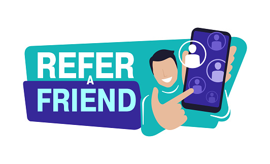 Refer a friend - referral program creative banner or button - young man holding phone and shows his friends (people icons, avatars) - vector illustration