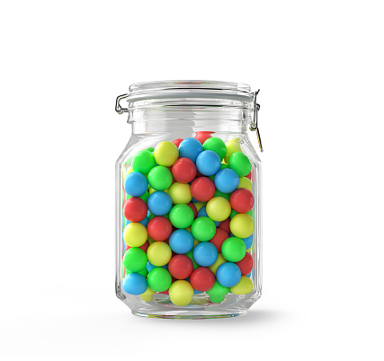 Bubble gums in jar , isolated on white background