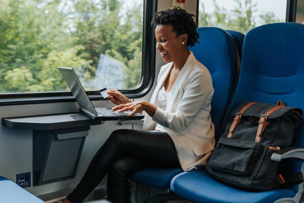 istock Businesswoman using a laptop on the train 1274939108
