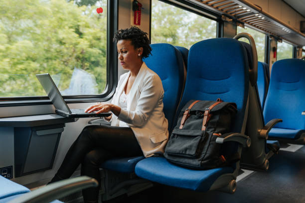 istock Businesswoman using a laptop on the train 1274939217