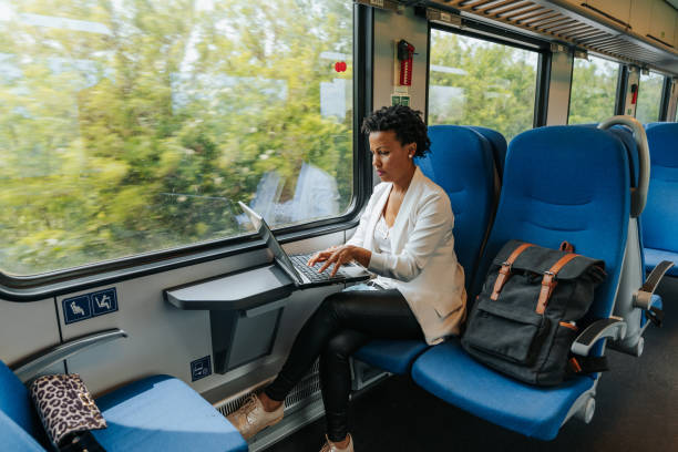istock Businesswoman using a laptop on the train 1274939229