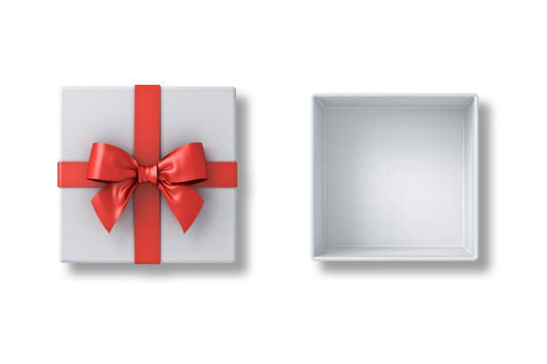 istock Top view of white present lid with red ribbon bow and empty gift box isolated on white background with shadows 1274939478