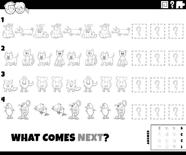 pattern task with cartoon animals coloring book page Black and White Cartoon Illustration of Completing the Pattern Educational Game for Children with Funny Animal Characters Coloring Book Page the boar fish stock illustrations