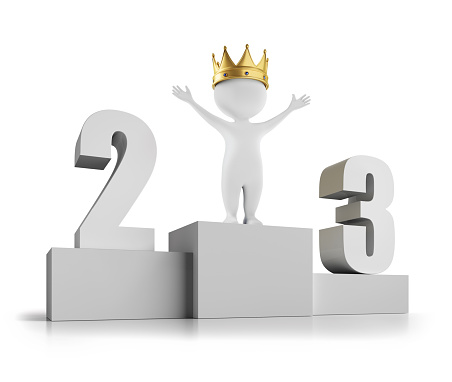 Little Comic Men with golden Crown on Winners Podium - 3D illustration