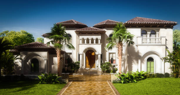 Exclusive Luxury Villa Digitally generated exclusive luxury two-story house/villa in a exotic/tropical environment, on a sunny day.

The scene was rendered with photorealistic shaders and lighting in Autodesk® 3ds Max 2020 with V-Ray 5 with some post-production added. clear sky usa tree day stock pictures, royalty-free photos & images