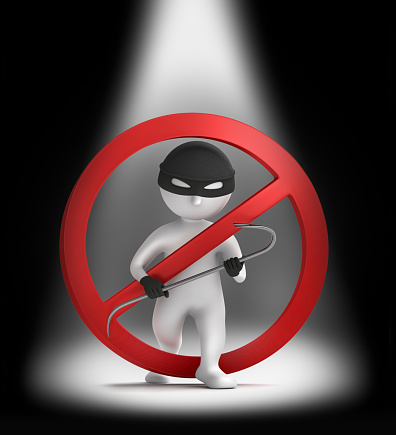 3D comic Man burglar holding crowbar surrounded by a forbidden sign