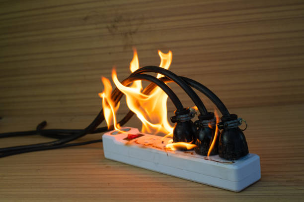 istock On fire multi socket with the connected power strip with a bunch of plugs on wood background 1274999644