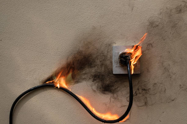istock On fire electric wire plug Receptacle on the concrete wall exposed concrete background with copy space 1274999688