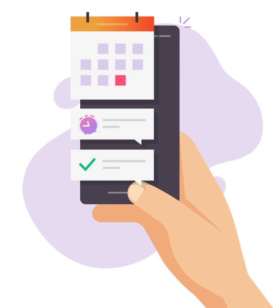ilustrações, clipart, desenhos animados e ícones de organizador do calendário data de prazo importante para fazer lista de tarefas móvel no aplicativo online do telefone, evento de smartphone evento digital nomeação ícone de desenho animado plano, agenda eletrônica programada no celular - agenda de telefones