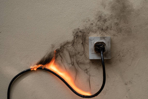 istock On fire electric wire plug Receptacle on the concrete wall exposed concrete background with copy space 1275009803