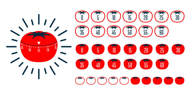 timer pomodoro. pomodoro zeitmanagement-technik - küchen-timer - tomatensoße stock-grafiken, -clipart, -cartoons und -symbole