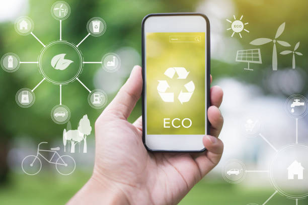 istock Close up man hand using smartphone on green with ecological icons, save earth concept 1275021288