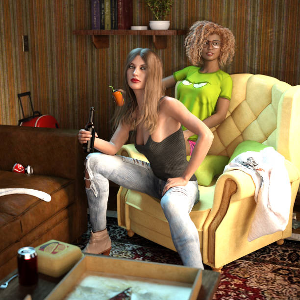 3D Illustration of Two Young Women Sitting stock photo
