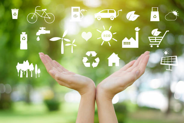 istock Human hand is holding ecological icons on green, save earth concept. 1275022047