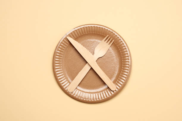 istock empty brown paper plate and wooden knife and fork, objects crossed 1275052358