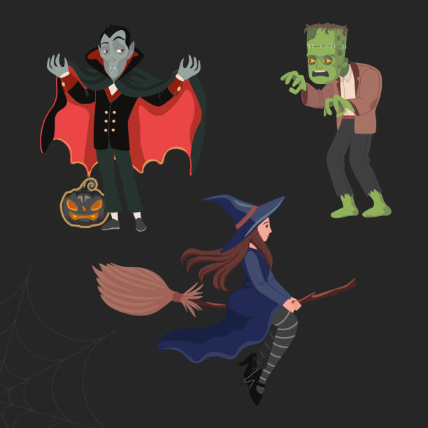 ilustrações, clipart, desenhos animados e ícones de drácula ou vampiro, uma bruxa em um cabo de vassoura, e um monstro verde assustador- frankenstein. feliz dia das bruxas - dracula orchid