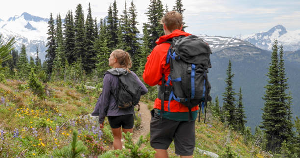 istock Hiking couple walk along forested trail through alpine meadow 1275061424